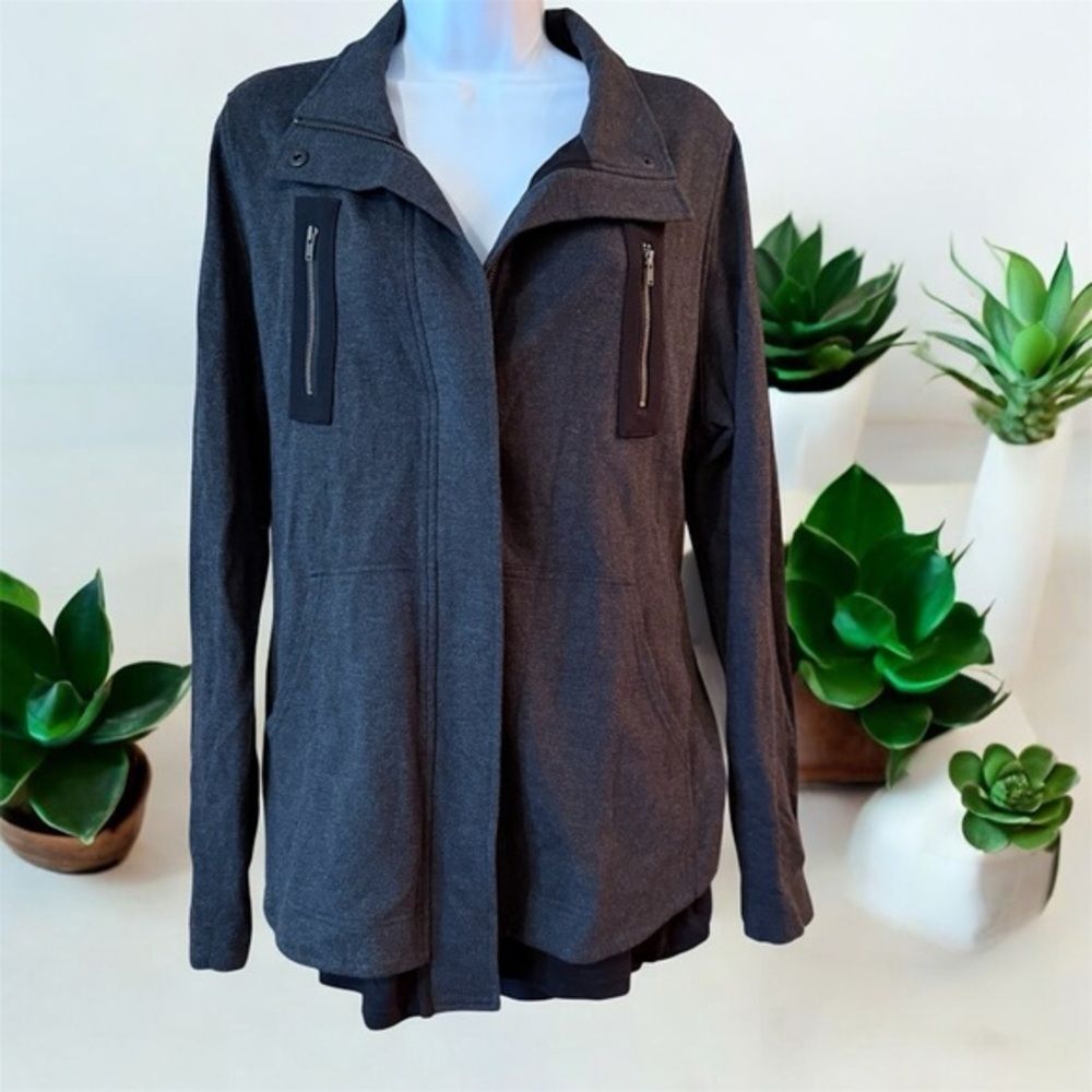 Cabi Grey Ponte Knit Jacket Blazer Mesh Panel Belt Size Medium 3184